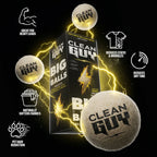 Clean Guy product packaging and balls on a black background with icons and text.