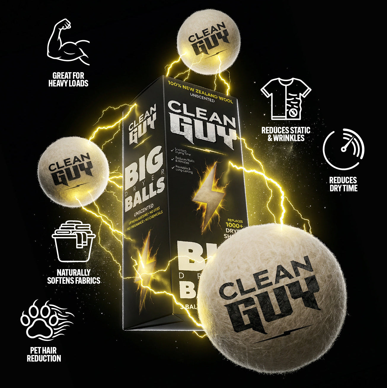 Clean Guy product packaging and balls on a black background with icons and text.