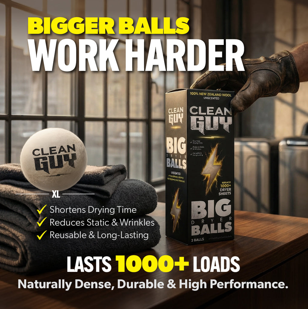 Clean Guy dryer balls packaging with text on a wooden surface