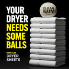 Stack of dryer sheets with a 'Clean Guy' branded ball on a black background