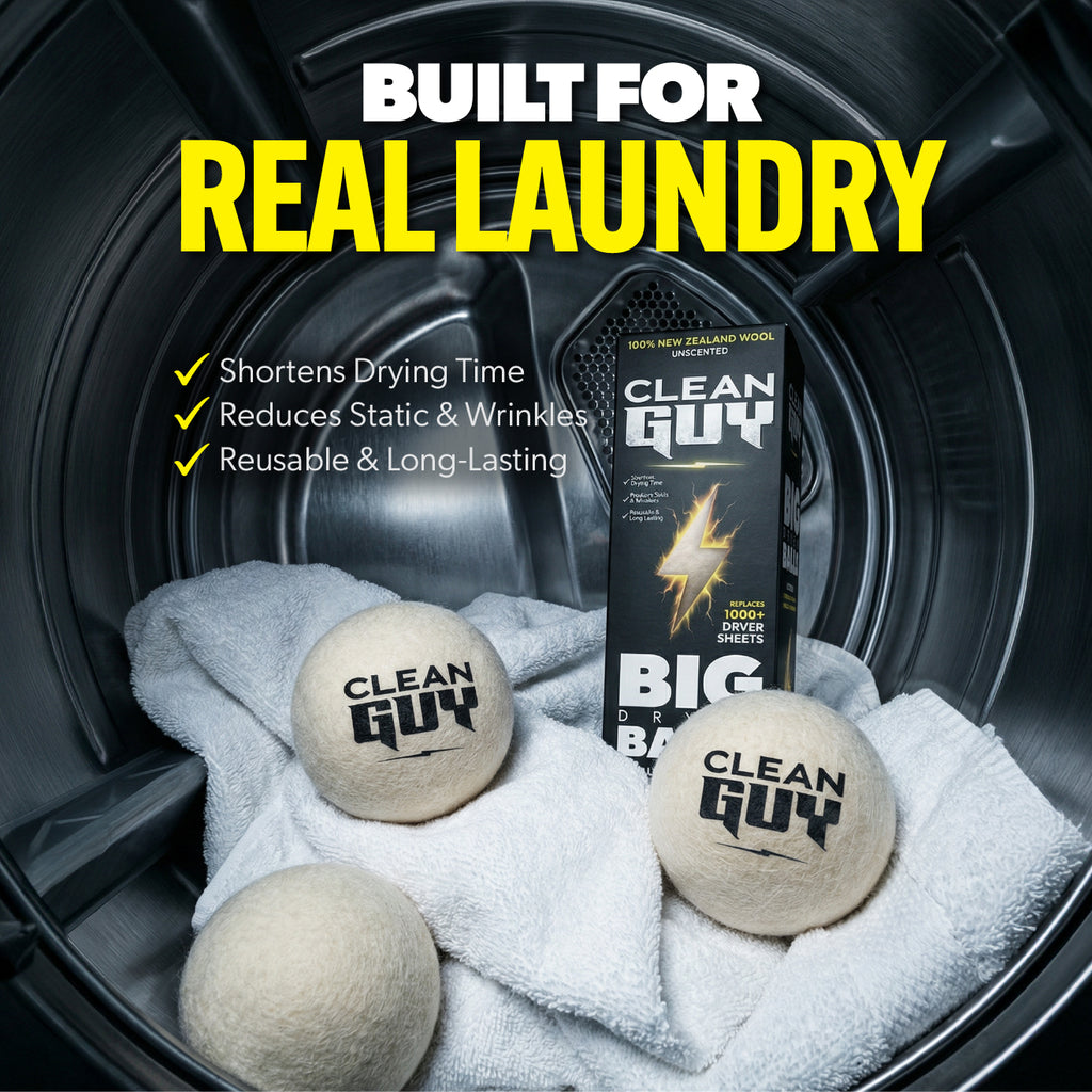 Clean Guy laundry products inside a washing machine with text highlighting features.