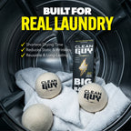 Clean Guy laundry products inside a washing machine with text highlighting features.