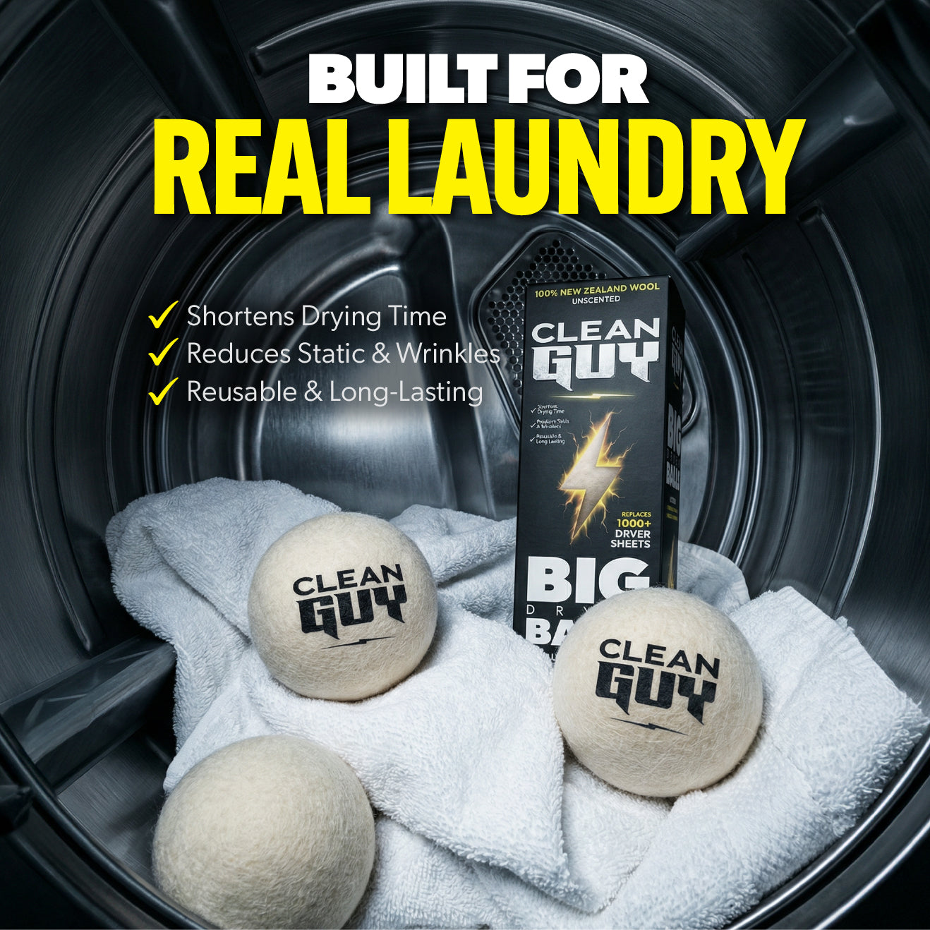 Clean Guy laundry products inside a washing machine with text highlighting features.