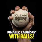 Hand holding a ball with 'Clean Guy' branding against a black background