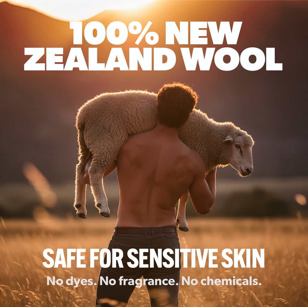 Man carrying a lamb with text about 100% New Zealand wool and safety for sensitive skin.