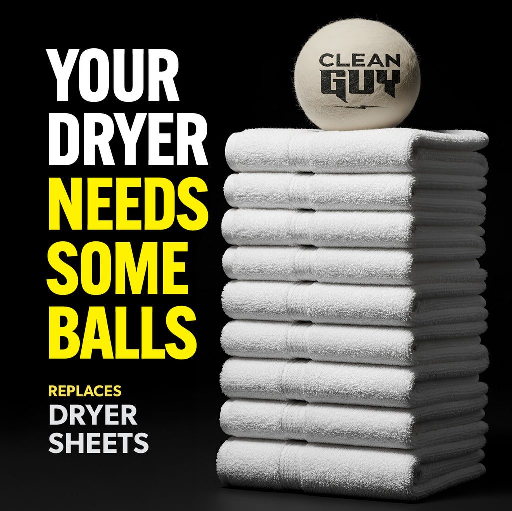 Stack of white dryer sheets with 'Clean Guy' branding on a black background