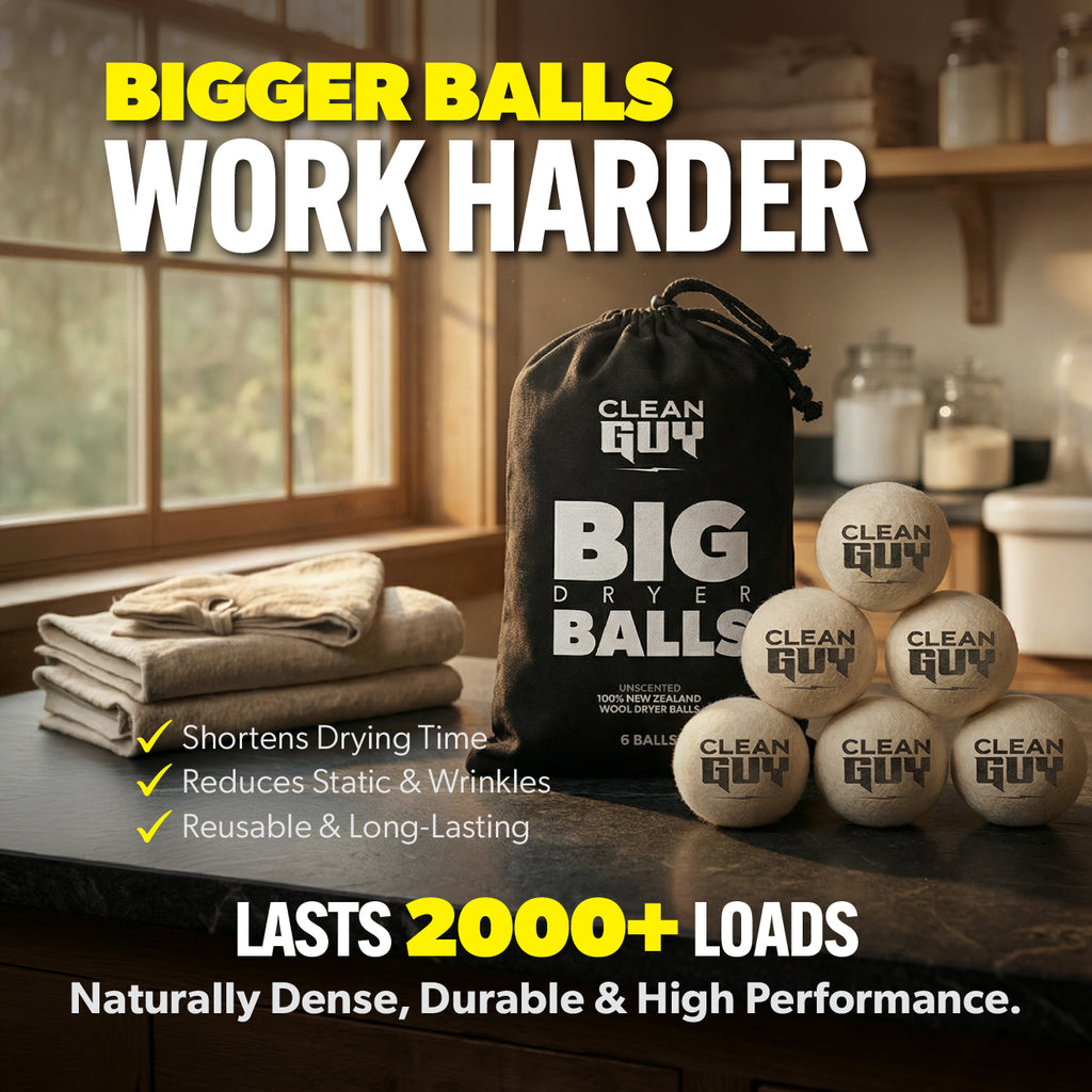 Clean Guy Big Dryer Balls with packaging on a kitchen counter, featuring text about product benefits.