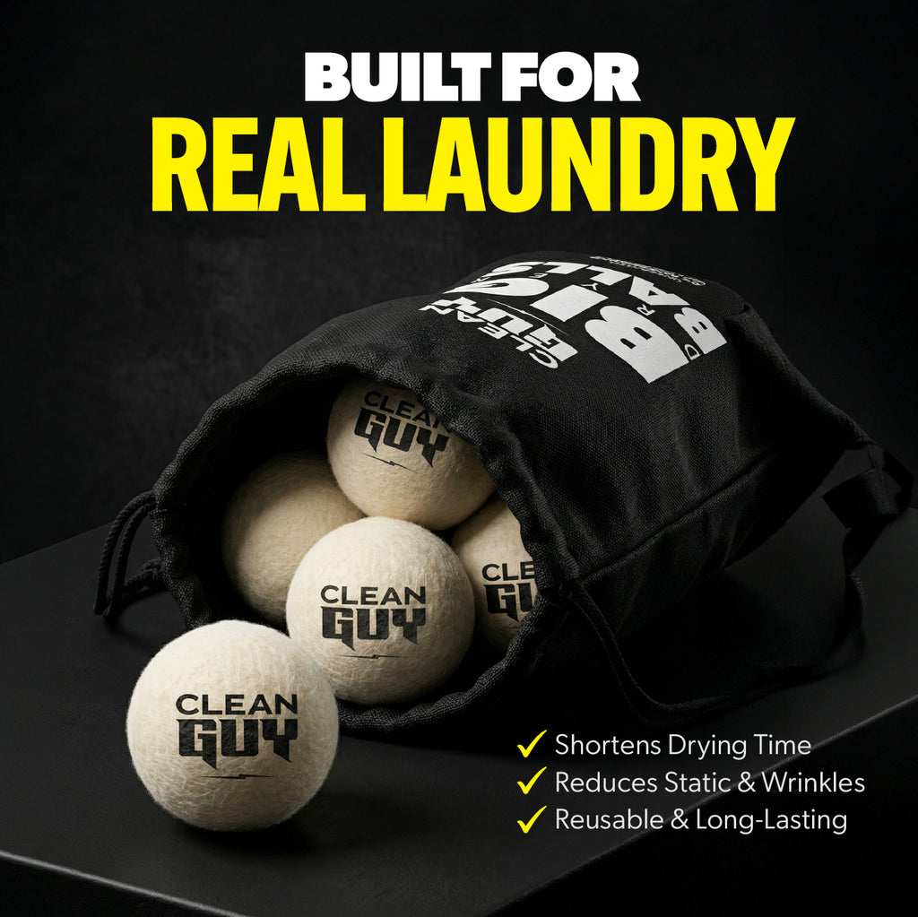 Clean Guy laundry balls with a black drawstring bag on a dark background, featuring text about product benefits.