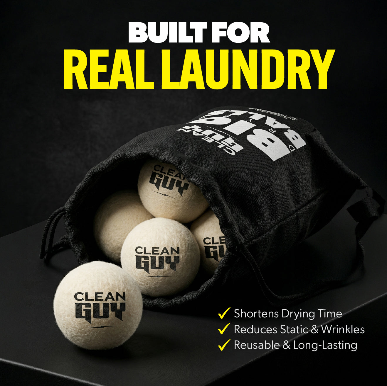 Clean Guy laundry balls with a black drawstring bag on a dark background, featuring text about product benefits.