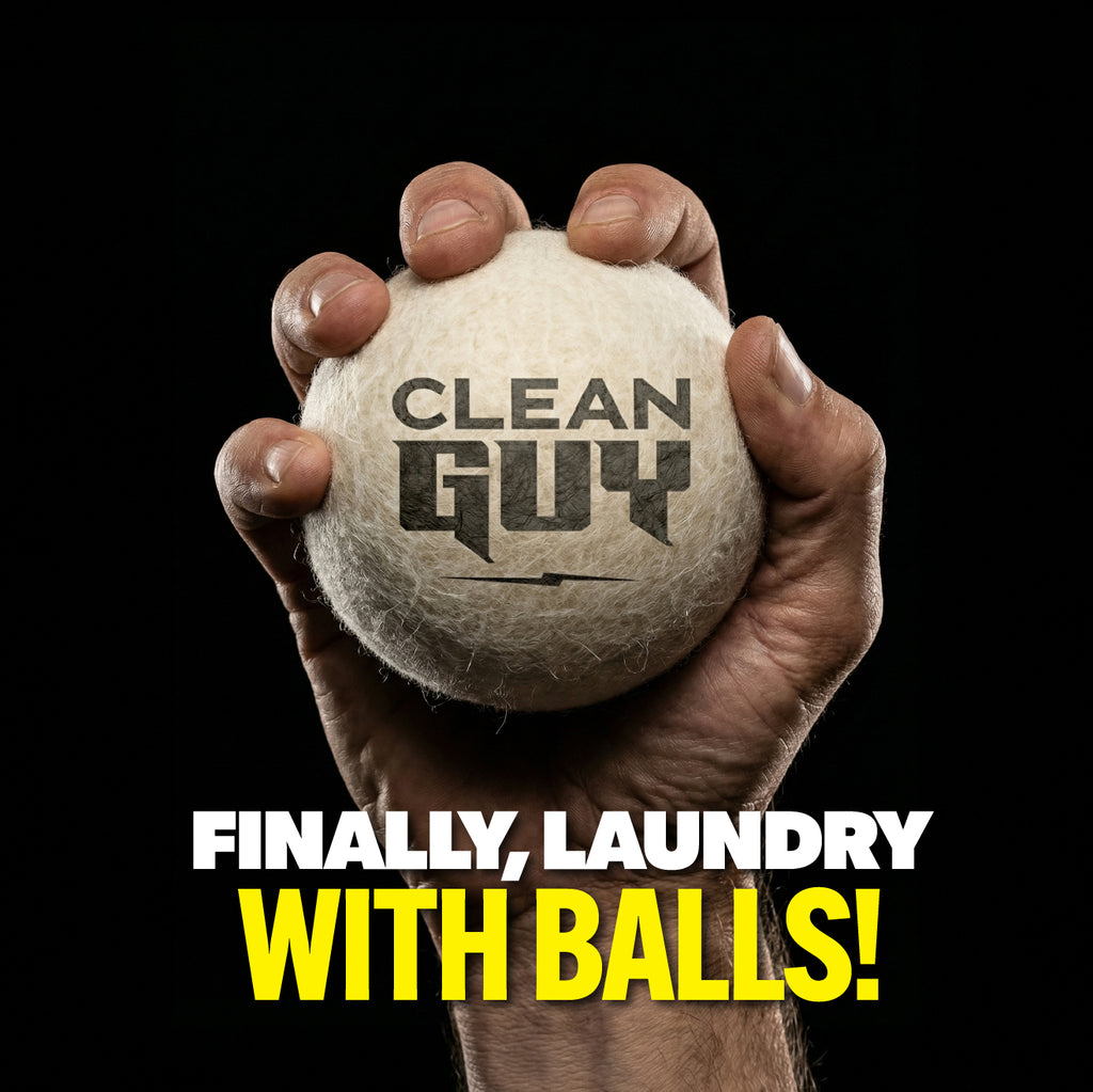 Hand holding a ball with 'Clean Guy' branding against a black background