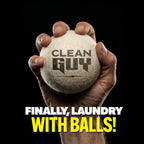 Hand holding a ball with 'Clean Guy' branding against a black background