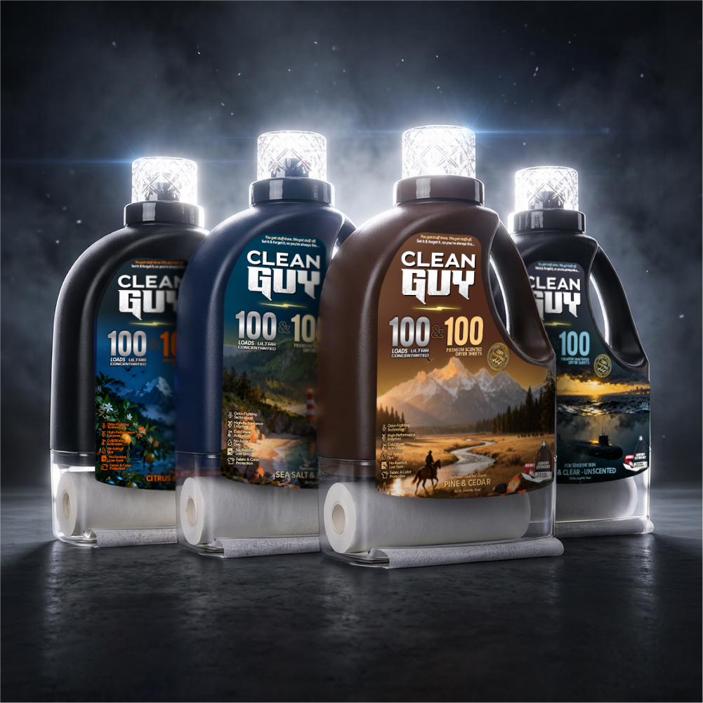 Four bottles of Clean Guy 100 oil with scenic labels on a dark background