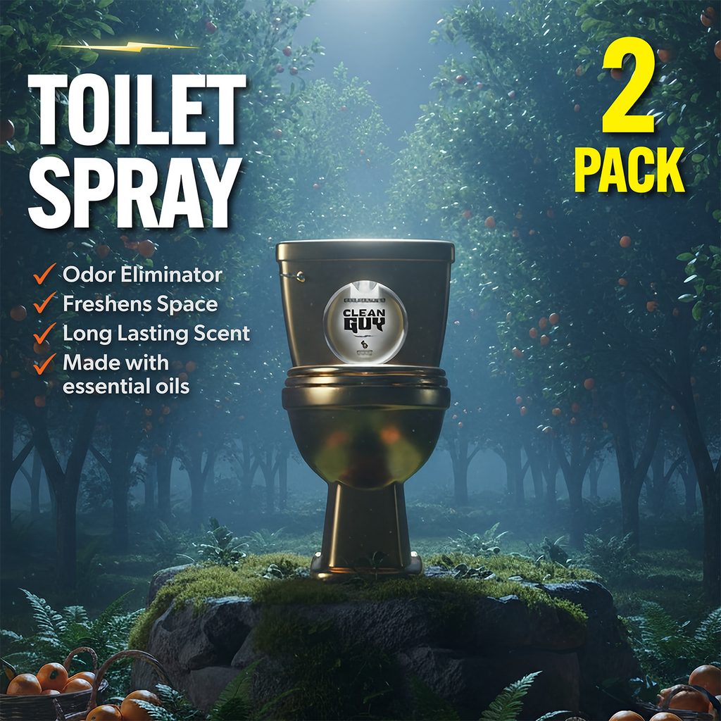 Toilet spray packaging with a forest background and 'Clean Guy' branding.
