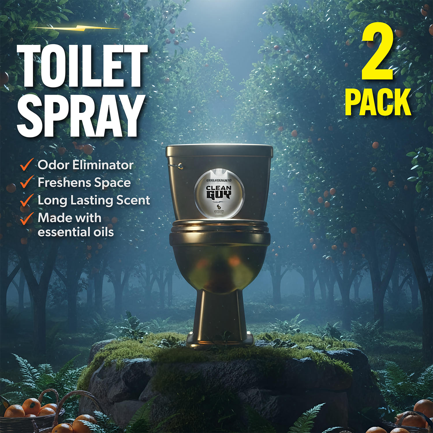 Toilet spray packaging with a forest background and 'Clean Guy' branding.