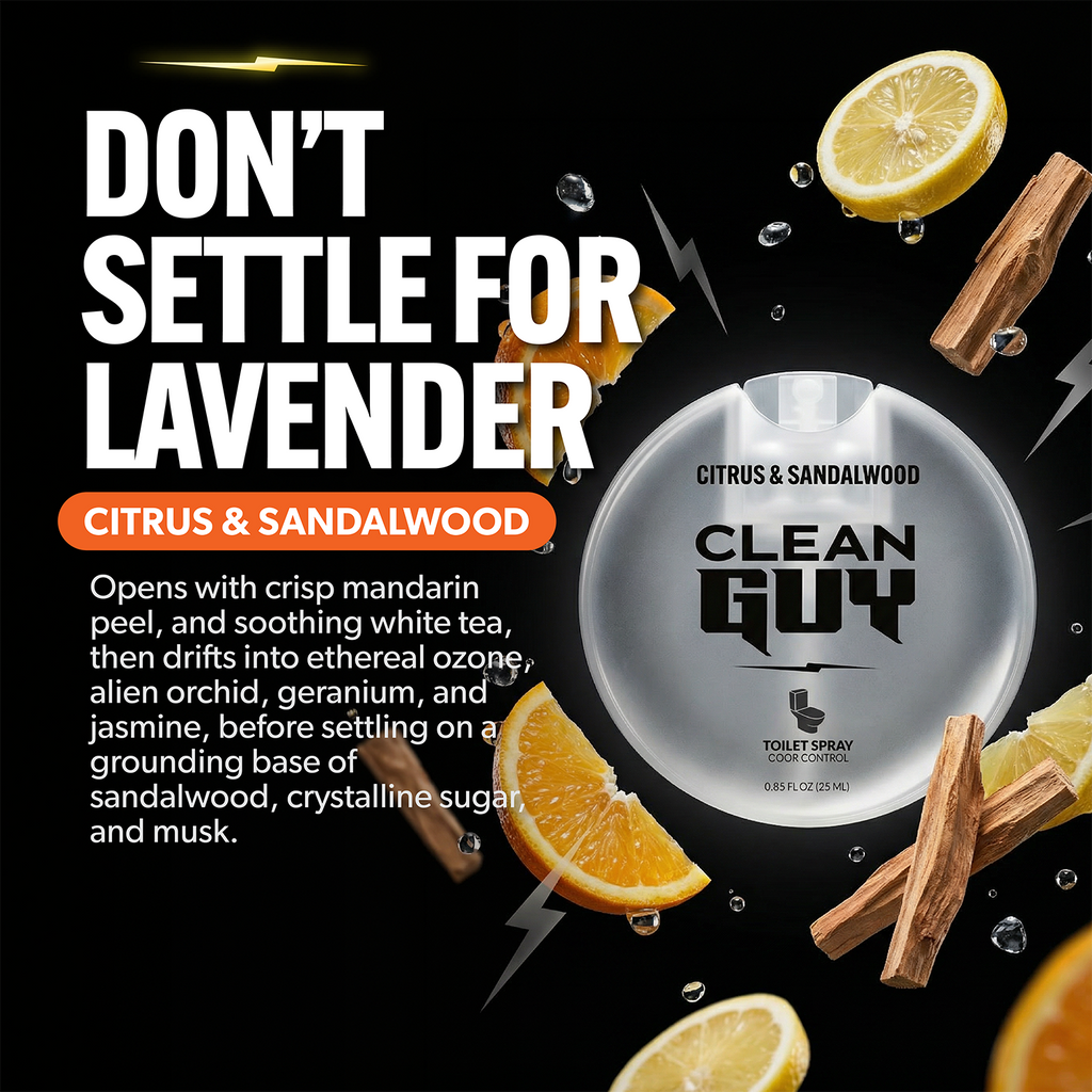 Advertisement for 'Clean Guy' toilet spray with citrus and sandalwood scents on a black background.