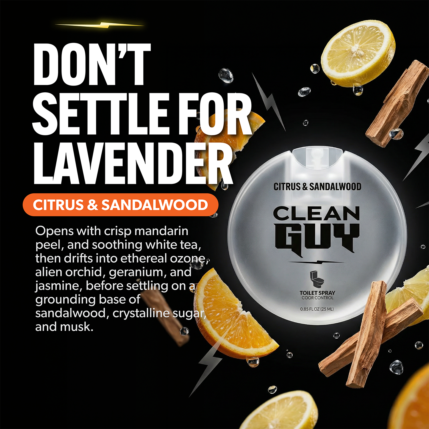 Advertisement for 'Clean Guy' toilet spray with citrus and sandalwood scents on a black background.