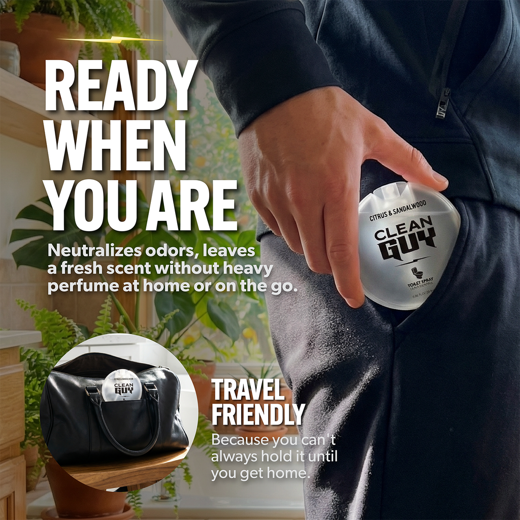Person holding a 'Clean Guy' product with text about odor neutralization and travel friendliness.