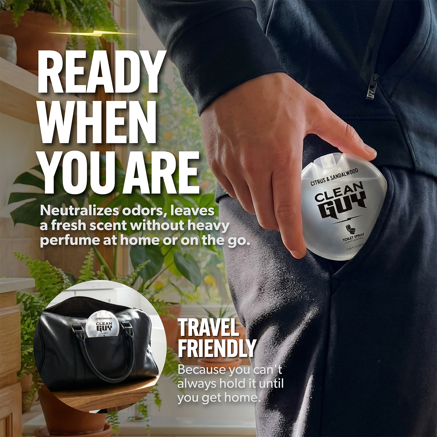 Person holding a 'Clean Guy' product with text about odor neutralization and travel friendliness.