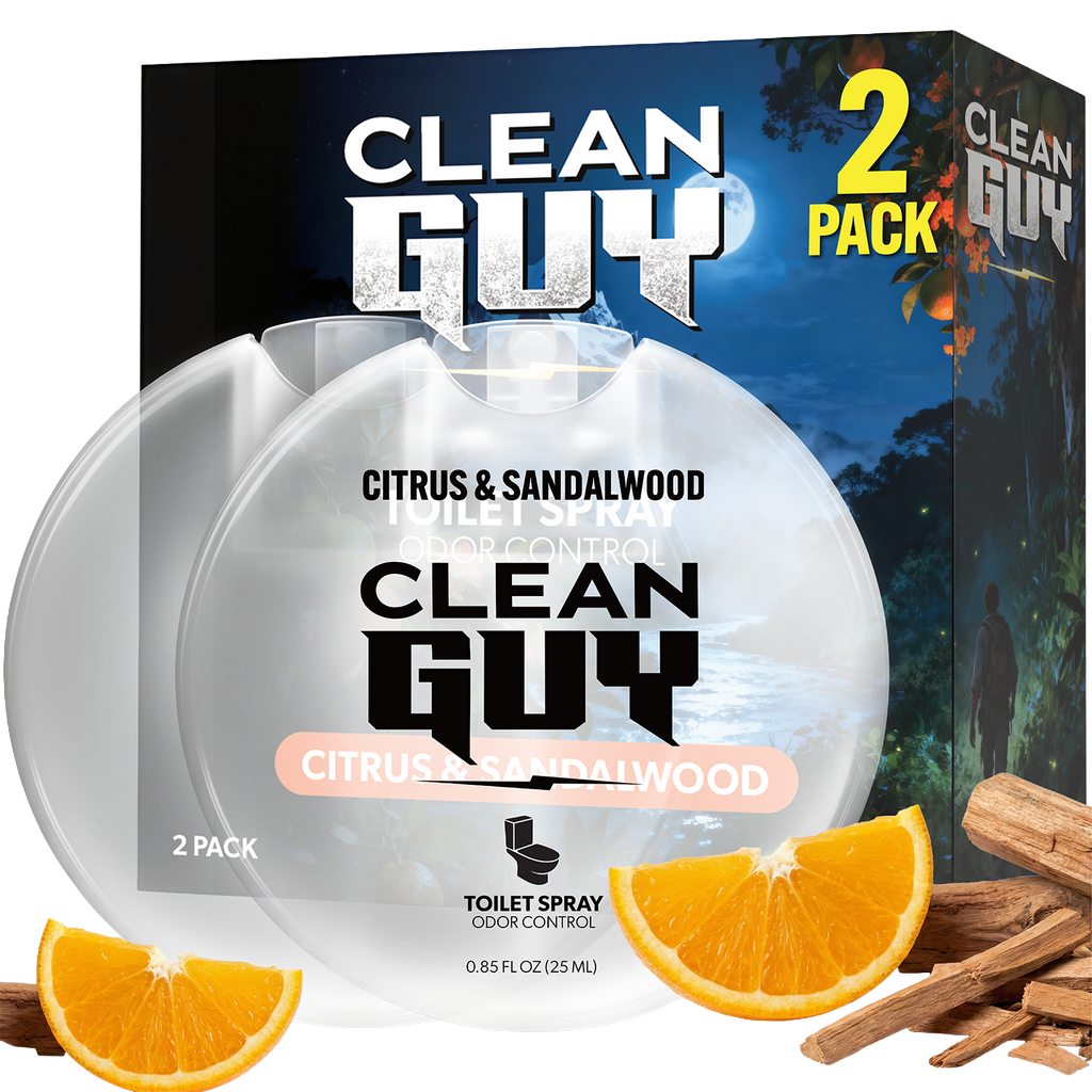Clean Guy toilet spray packaging with citrus and sandalwood elements on a white background