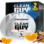Clean Guy toilet spray packaging with citrus and sandalwood elements on a white background