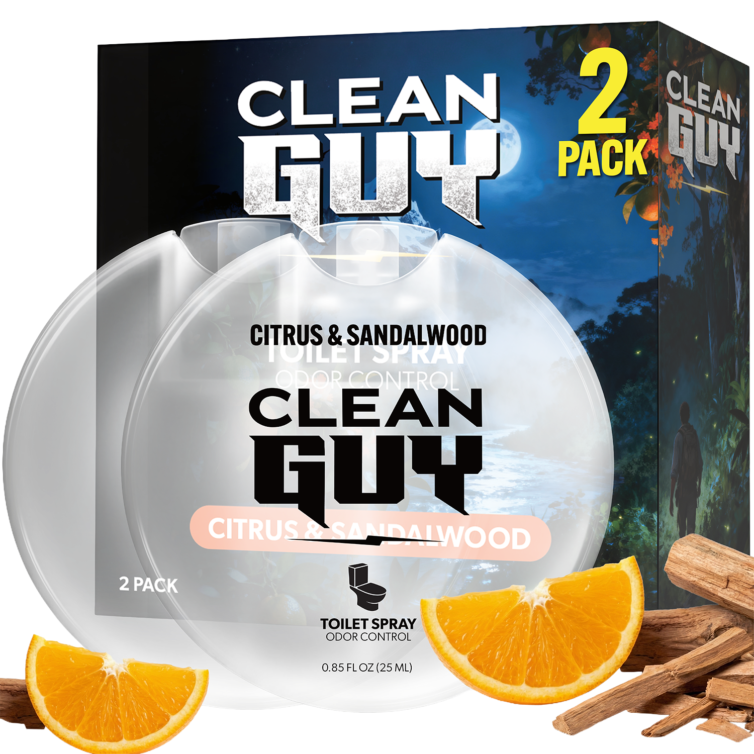Clean Guy toilet spray packaging with citrus and sandalwood elements on a white background