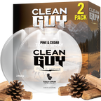 Clean Guy pine and cedar toilet spray packaging with two bottles and natural elements on a white background