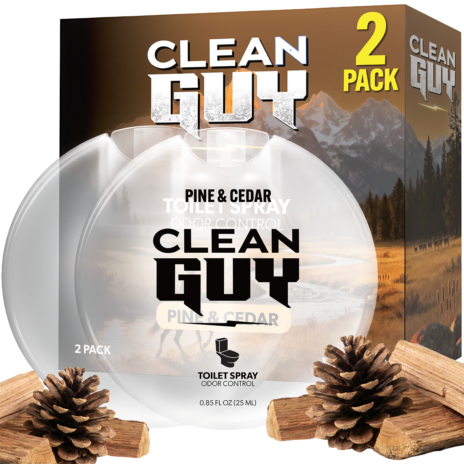 Clean Guy pine and cedar toilet spray packaging with two bottles and natural elements on a white background