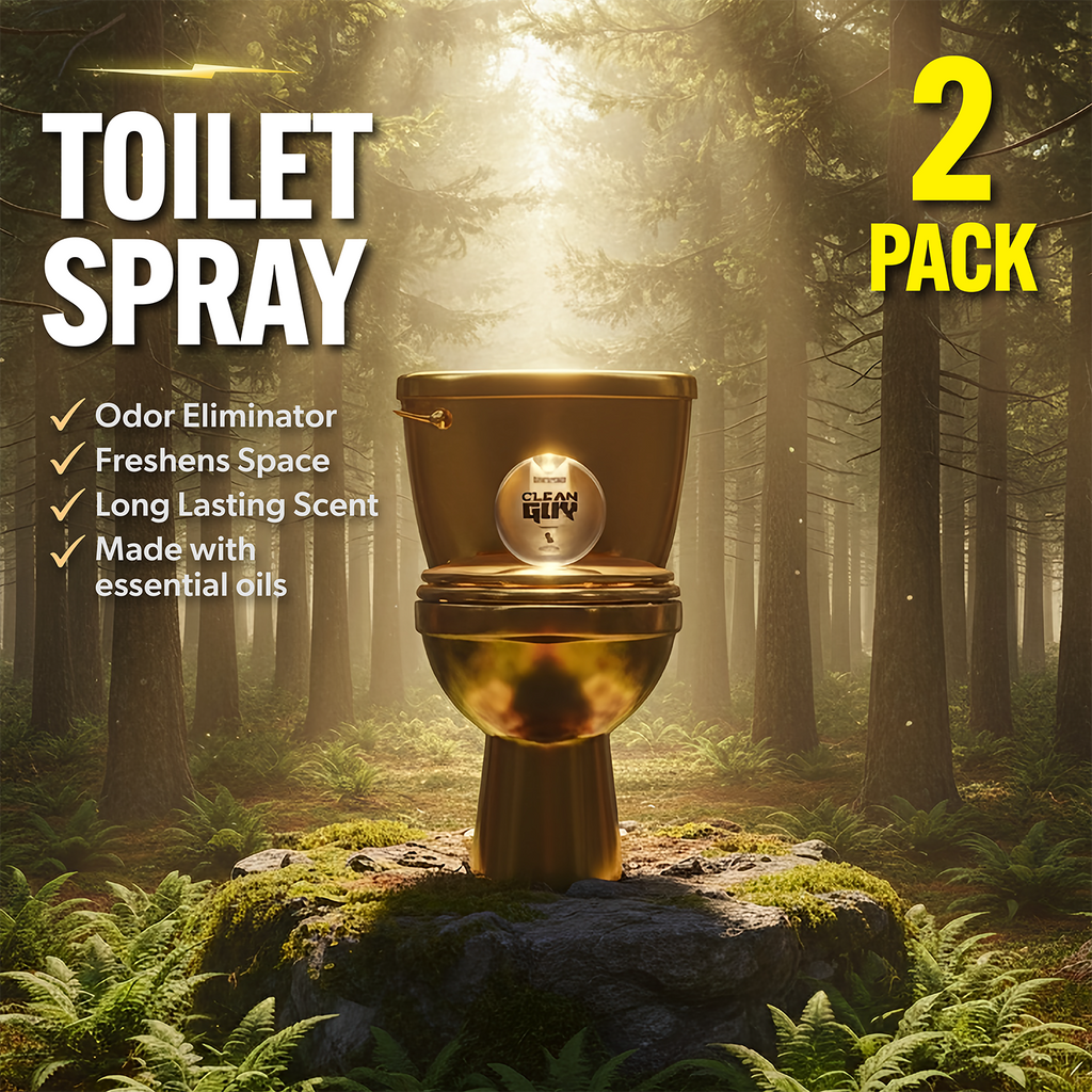 Toilet spray container in a forest setting with promotional text about its features.