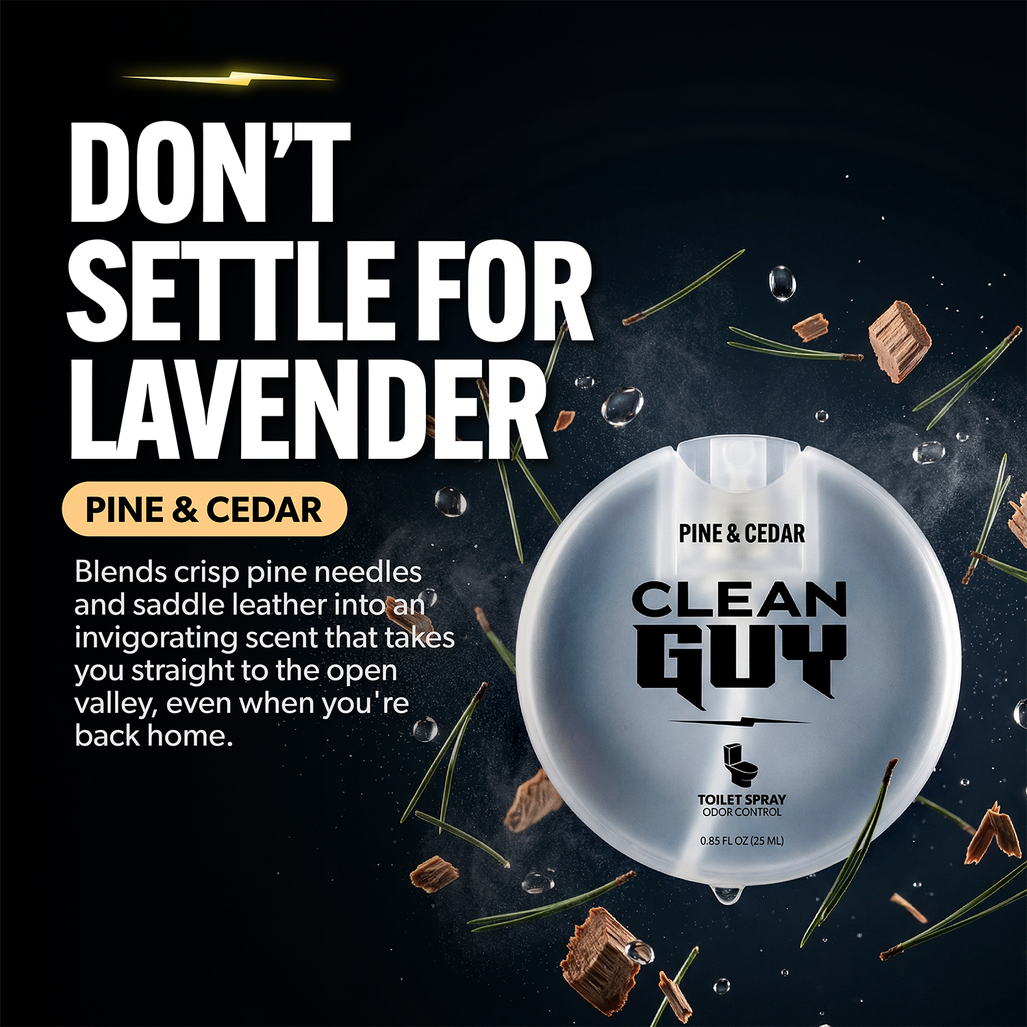 Advertisement for Clean Guy Pine & Cedar toilet spray with product and text on a dark background.