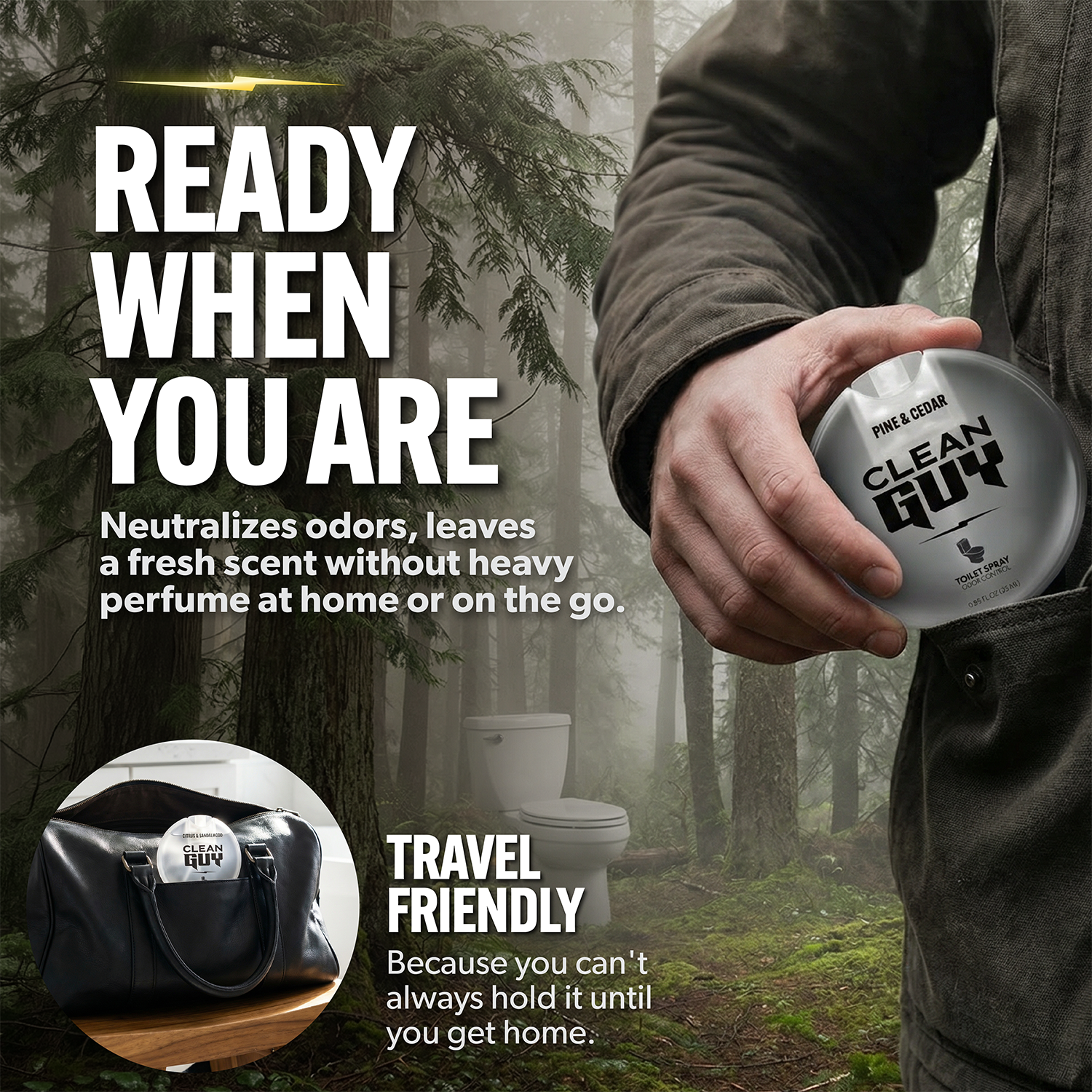 Person holding a 'Clean Guy' product in a forest setting with promotional text.