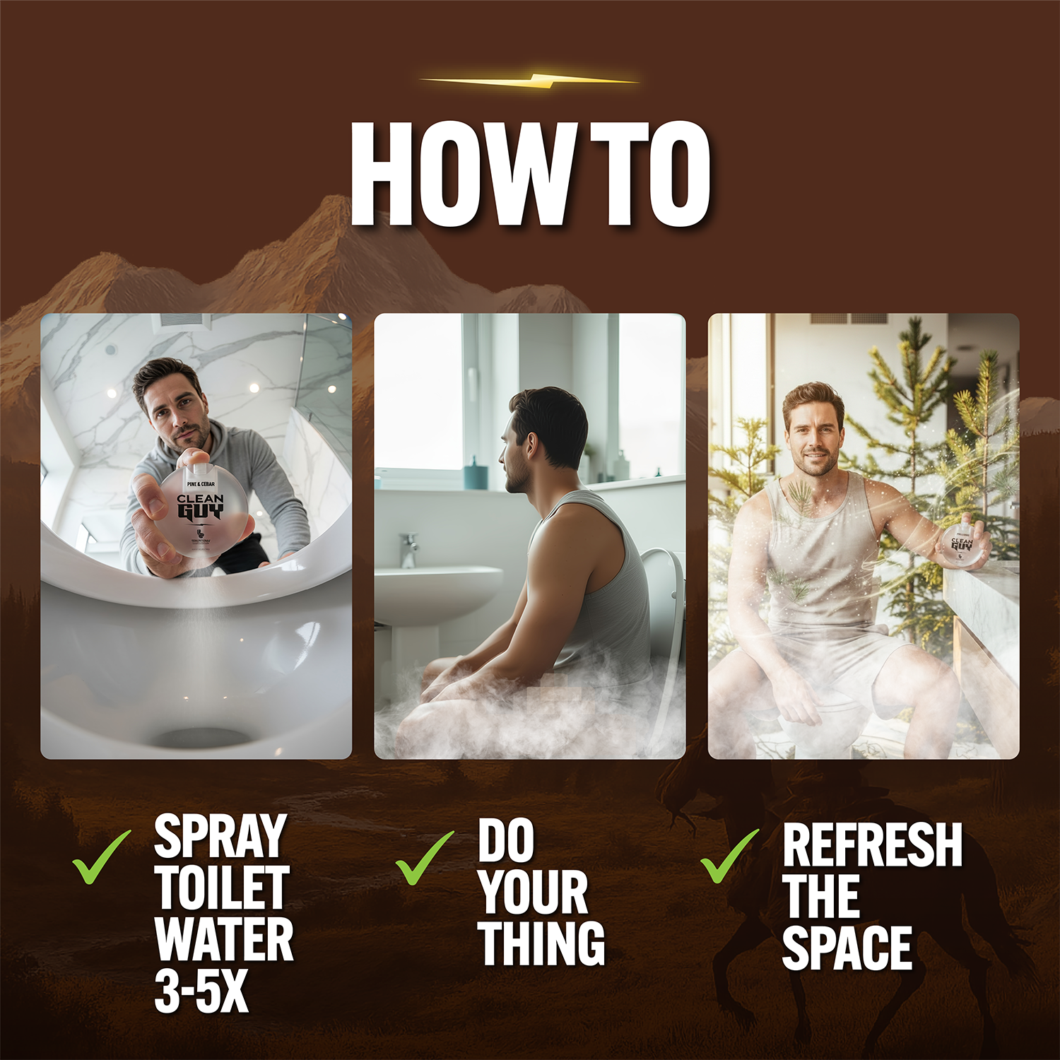 Three-step guide for maintaining a bathroom with text and images of a man cleaning.
