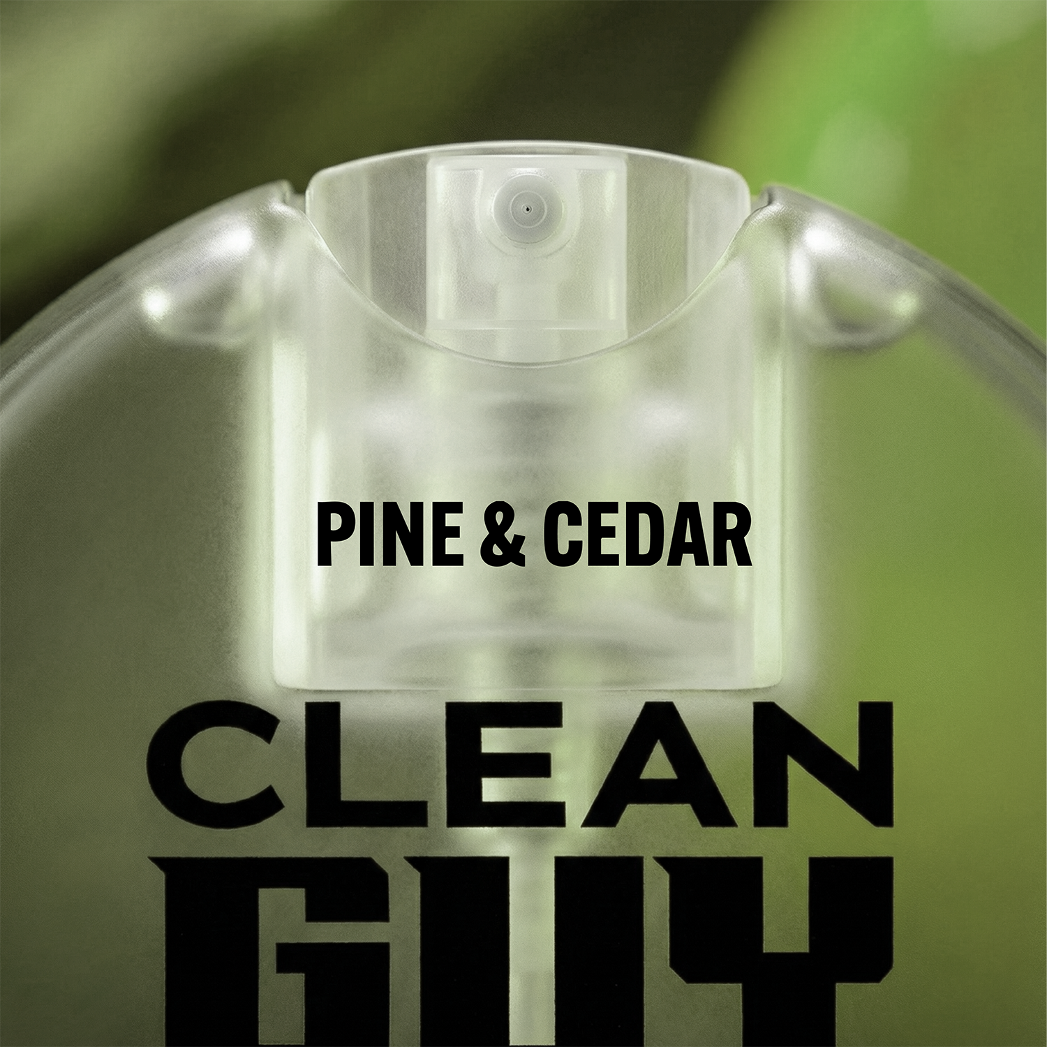 Clear plastic product with 'Pine & Cedar Clean Guy' text on a green background