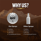Product comparison between 'Clean Guy' sprays and other sprays with a mountainous background.