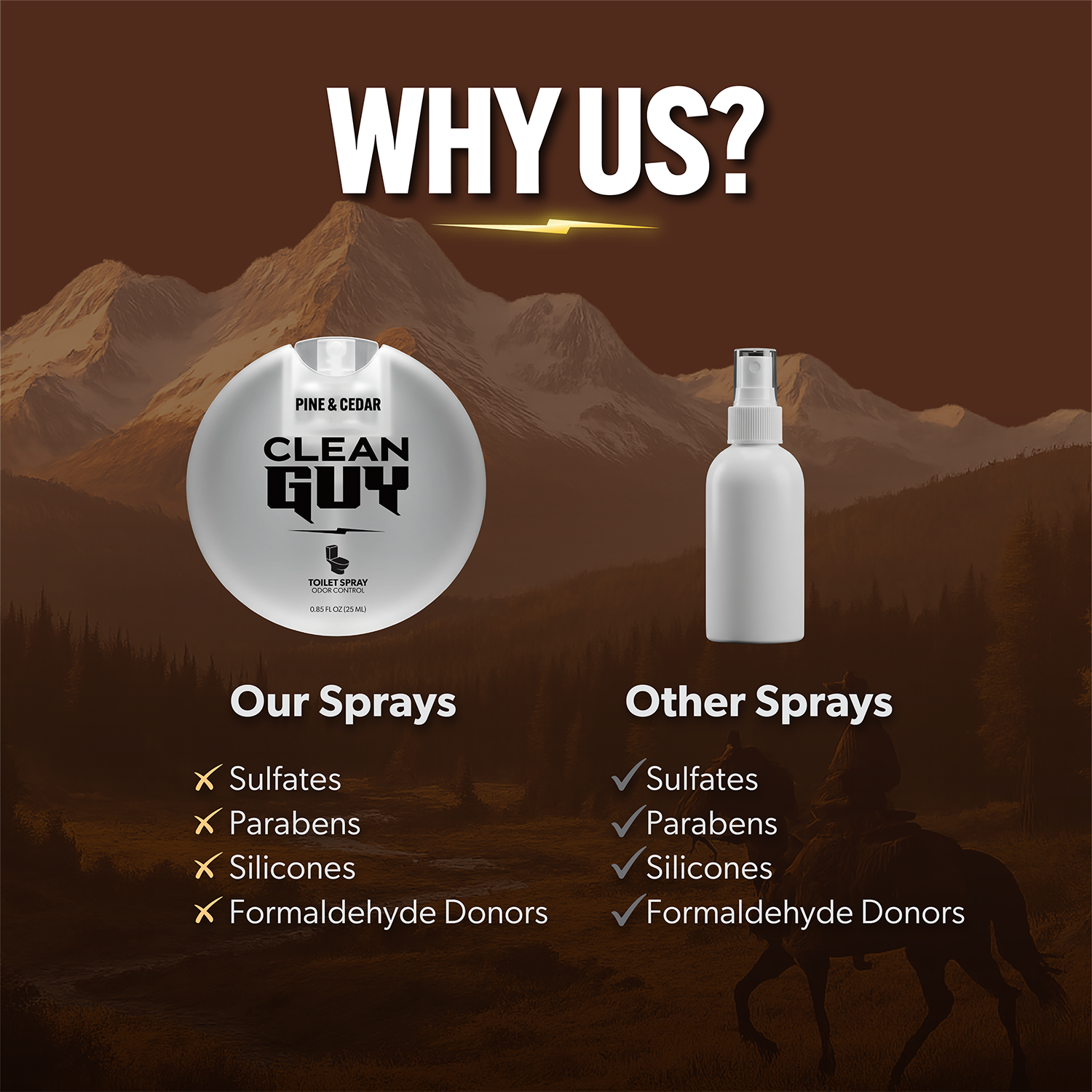 Product comparison between 'Clean Guy' sprays and other sprays with a mountainous background.