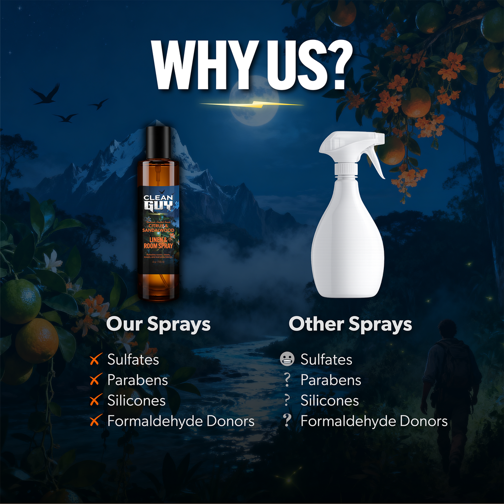 Comparison of 'Clean Guy' spray bottle with other sprays against a night-time outdoor background.