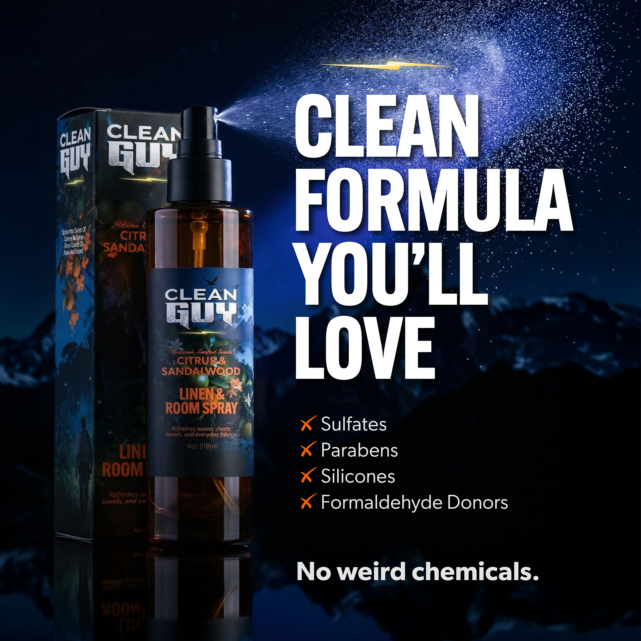 Clean Guy linen and room spray with packaging on a dark background