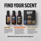 Three bottles of Clean Guy linen and room spray with a box on a gray background.