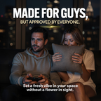 Man and woman sitting on a couch with a pillow, text overlay about product appeal.