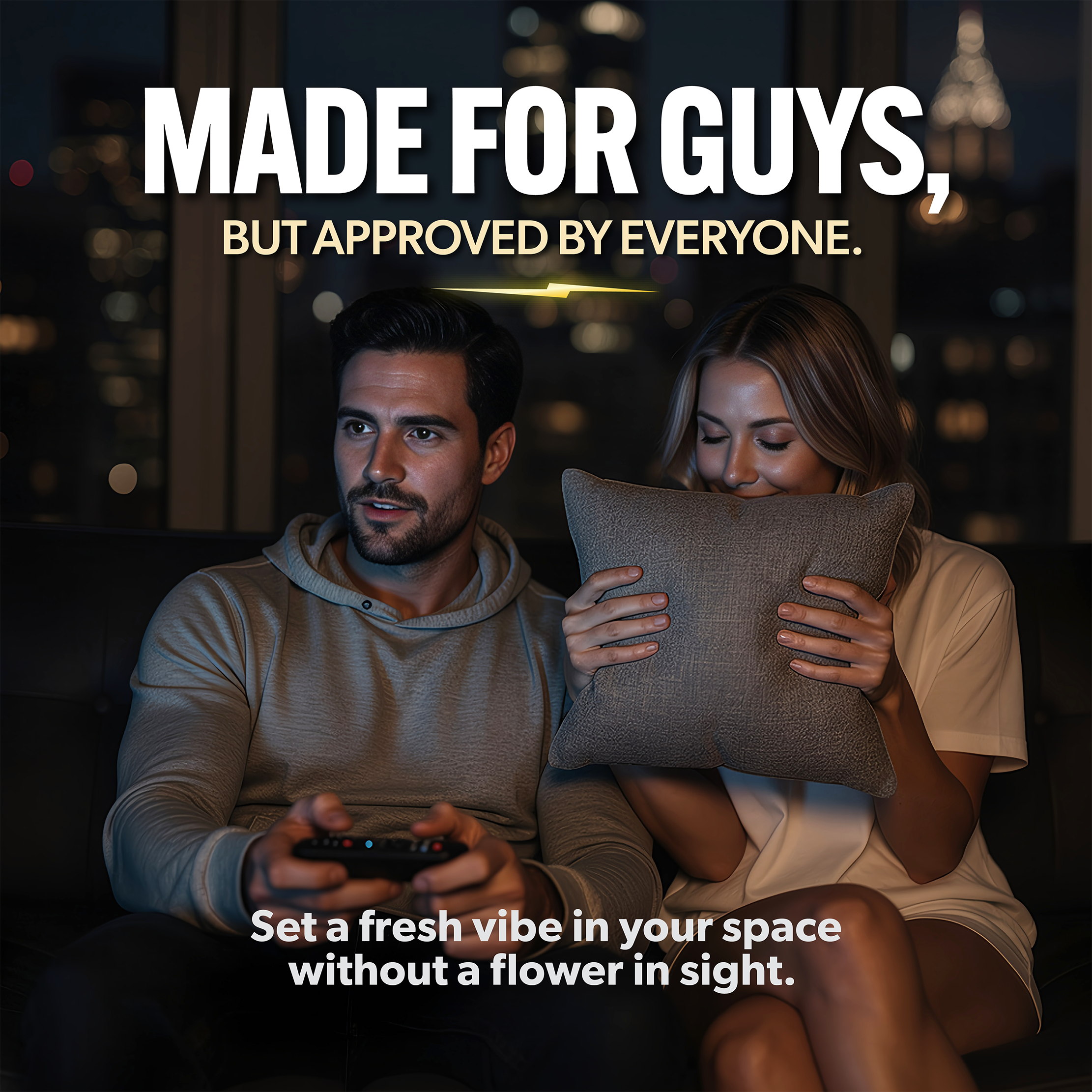 Man and woman sitting on a couch with a pillow, text overlay about product appeal.