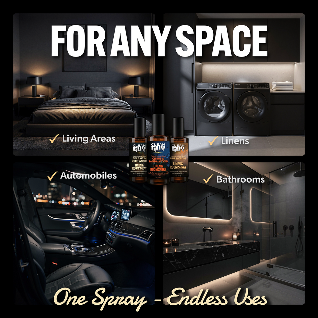 Product advertisement showing its use in various settings including living areas, linens, automobiles, and bathrooms.