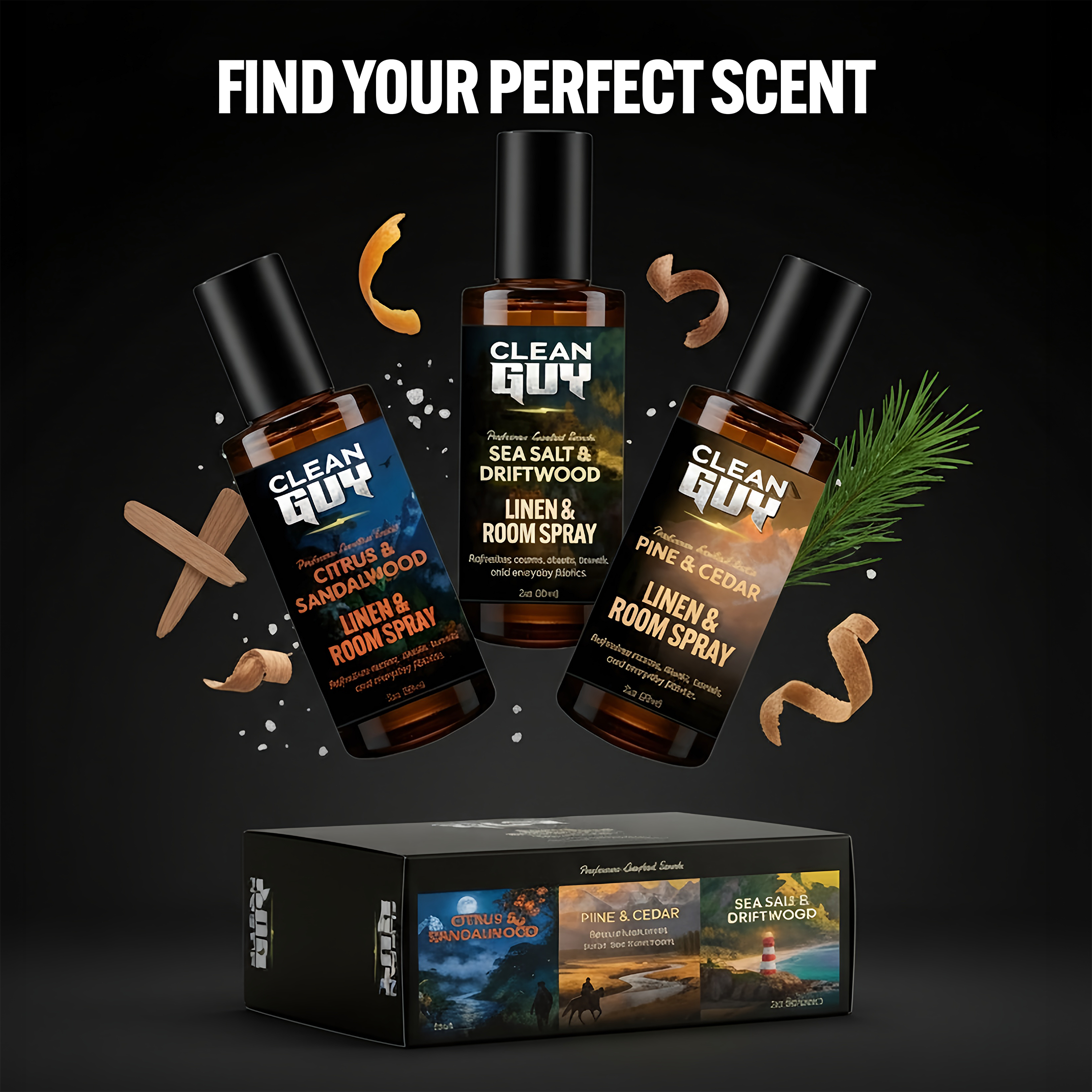 Three bottles of Clean Guy linen and room spray with a box on a dark background.