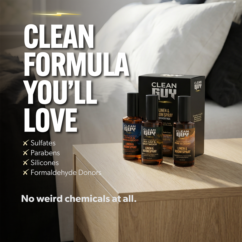 Clean Guy products on a nightstand with text highlighting their clean formula.