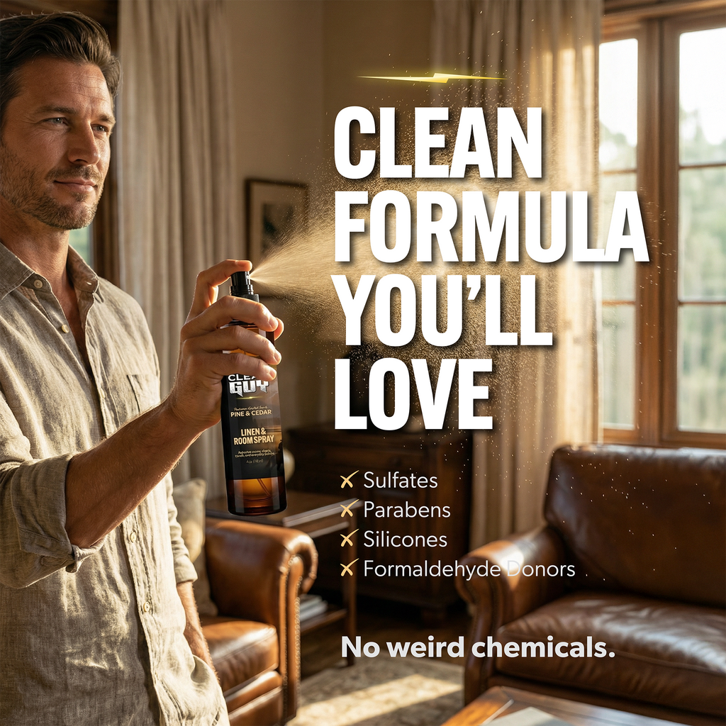 Man holding a spray bottle in a living room with text about product benefits.