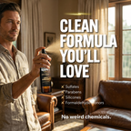 Man holding a spray bottle in a living room with text about product benefits.
