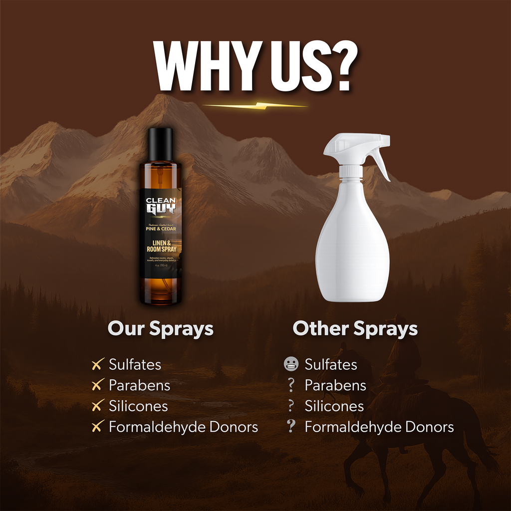 Product comparison between 'Our Sprays' and 'Other Sprays' with a mountainous background.