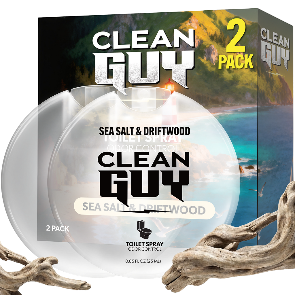 Clean Guy sea salt and driftwood toilet spray packaging with scenic background