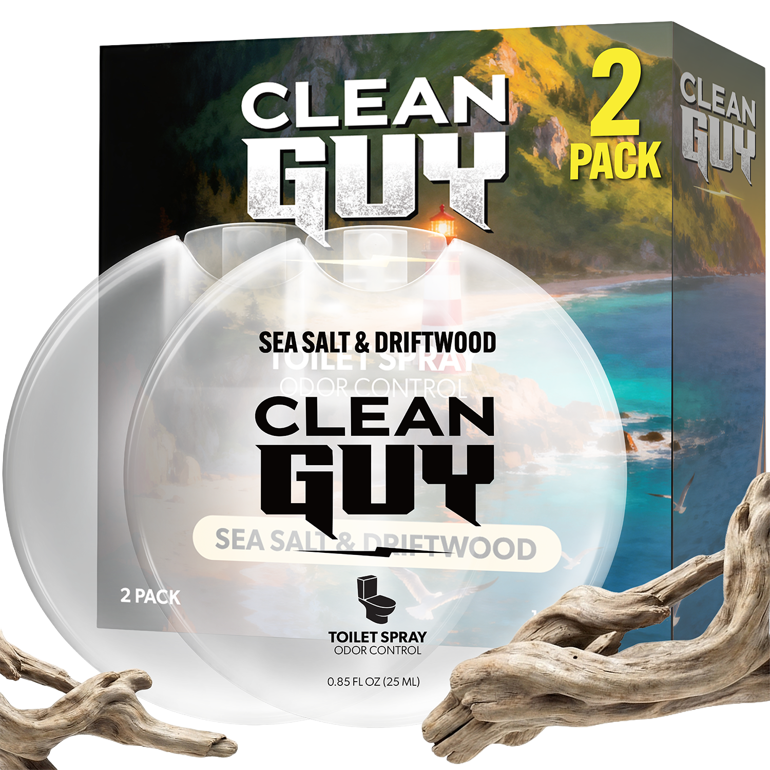 Clean Guy sea salt and driftwood toilet spray packaging with scenic background