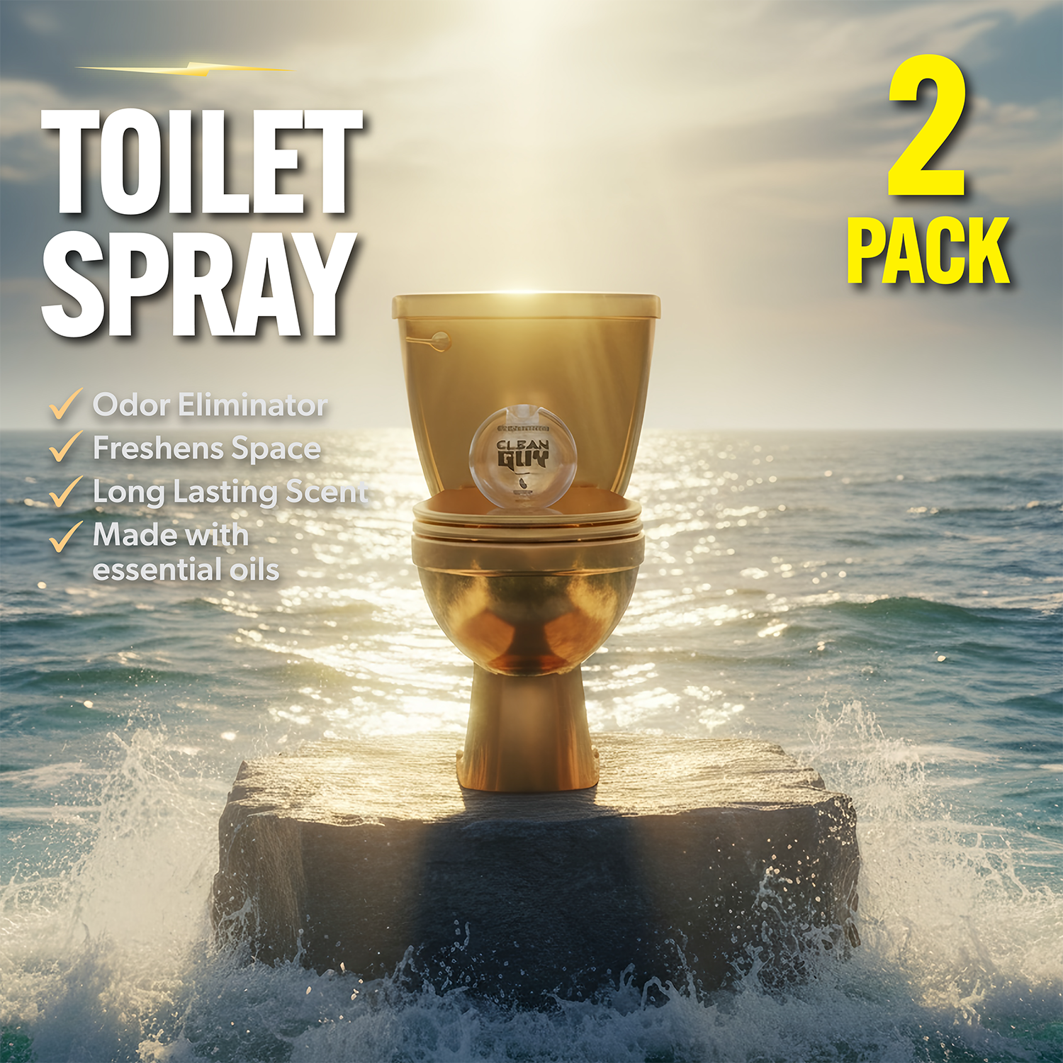 Gold toilet spray bottle with ocean background and product features listed.