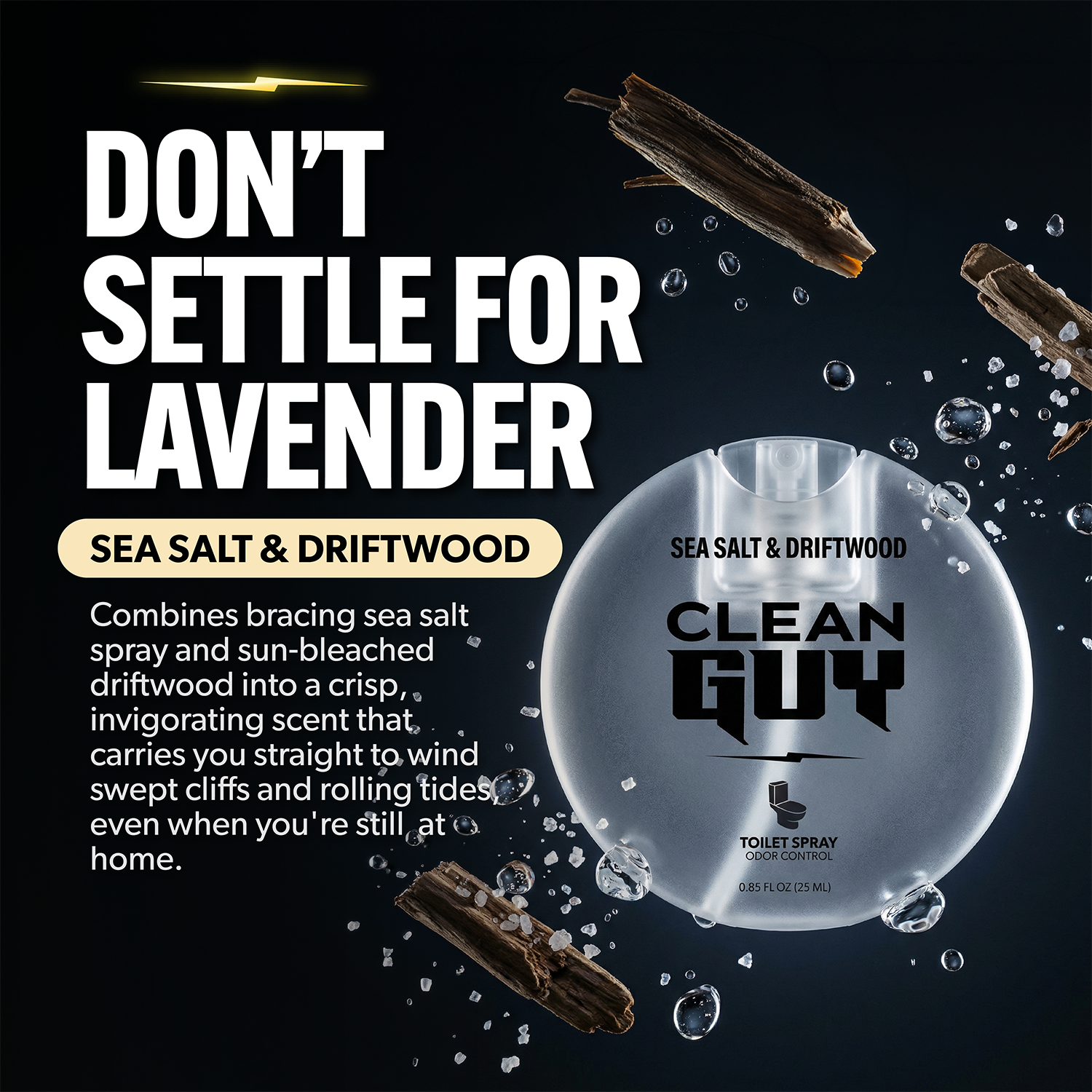 Advertisement for 'Clean Guy' sea salt and driftwood toilet spray with product and branding elements.