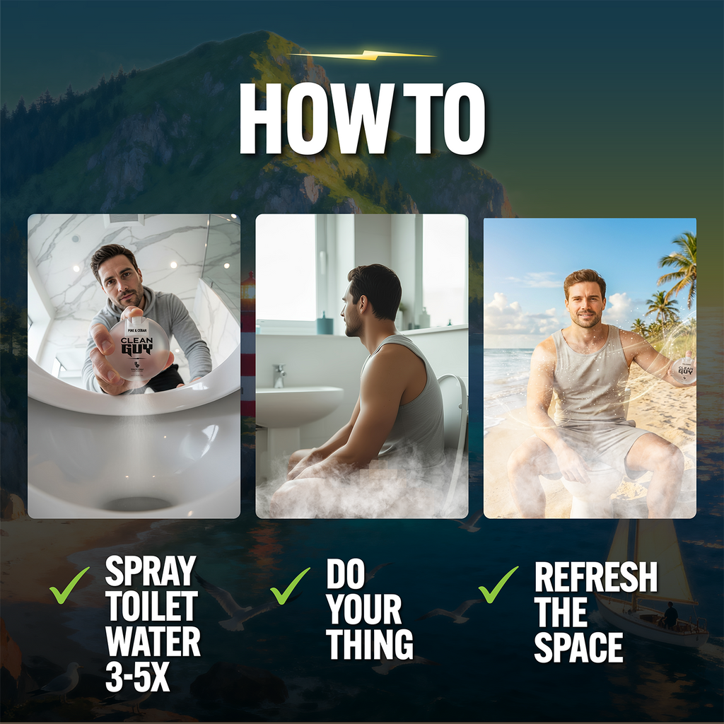 Man using toilet spray, taking a bath, and sitting by the beach with text on how to use the product.